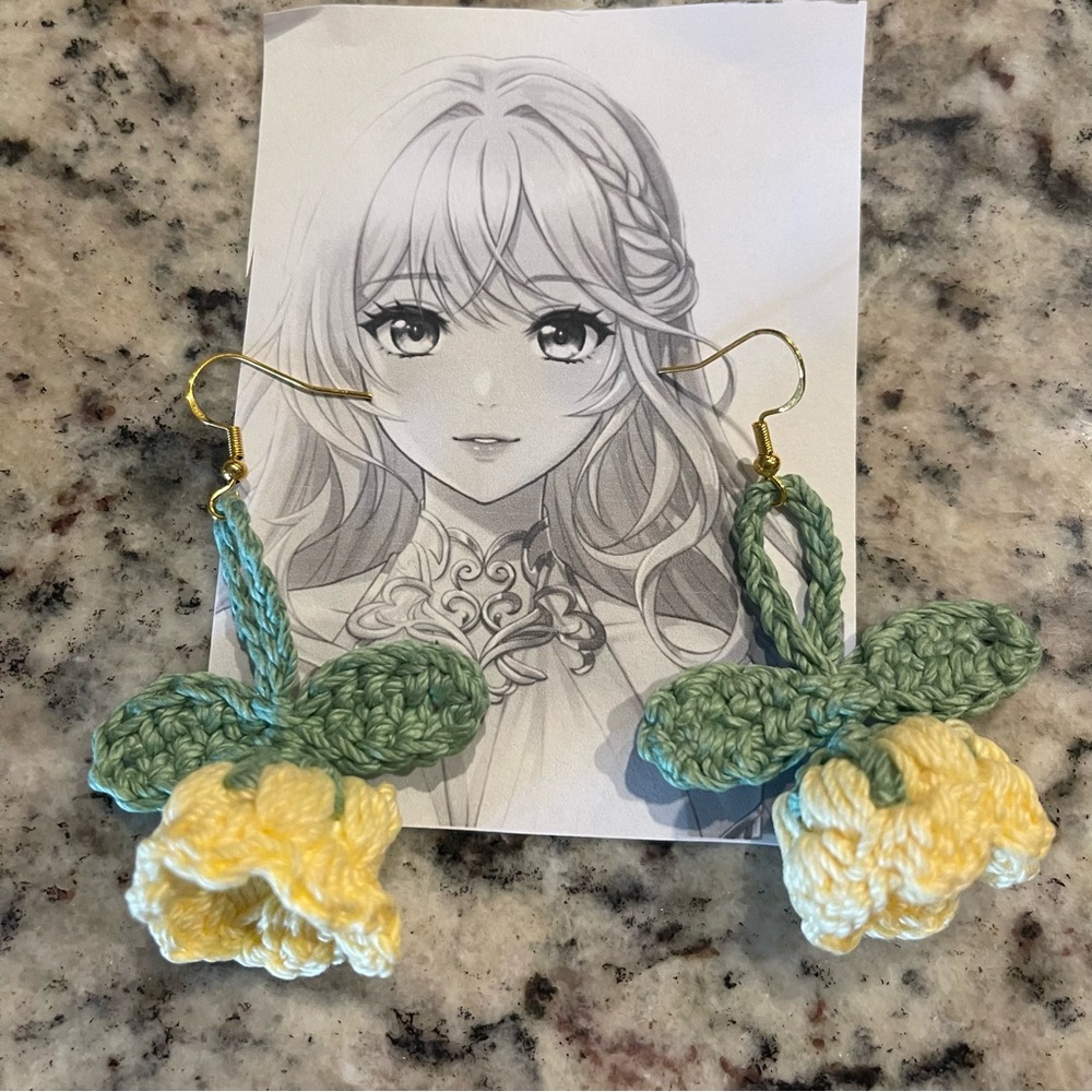 Handcrafted Yellow and Green (Tulips) Crochet Flower Earrings